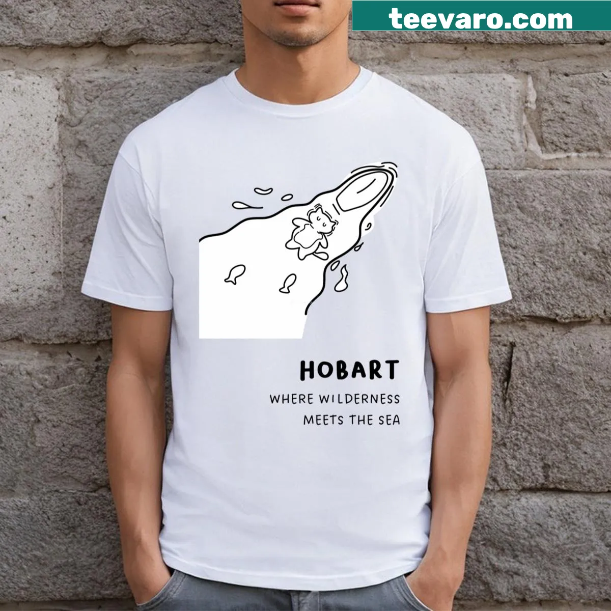 Illustration of a cat floating on a raft, capturing a whimsical outdoor theme — on a men's t-shirt