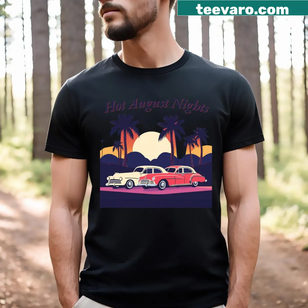 Illustration of classic cars in a parade under a starry night sky — on a men's t-shirt