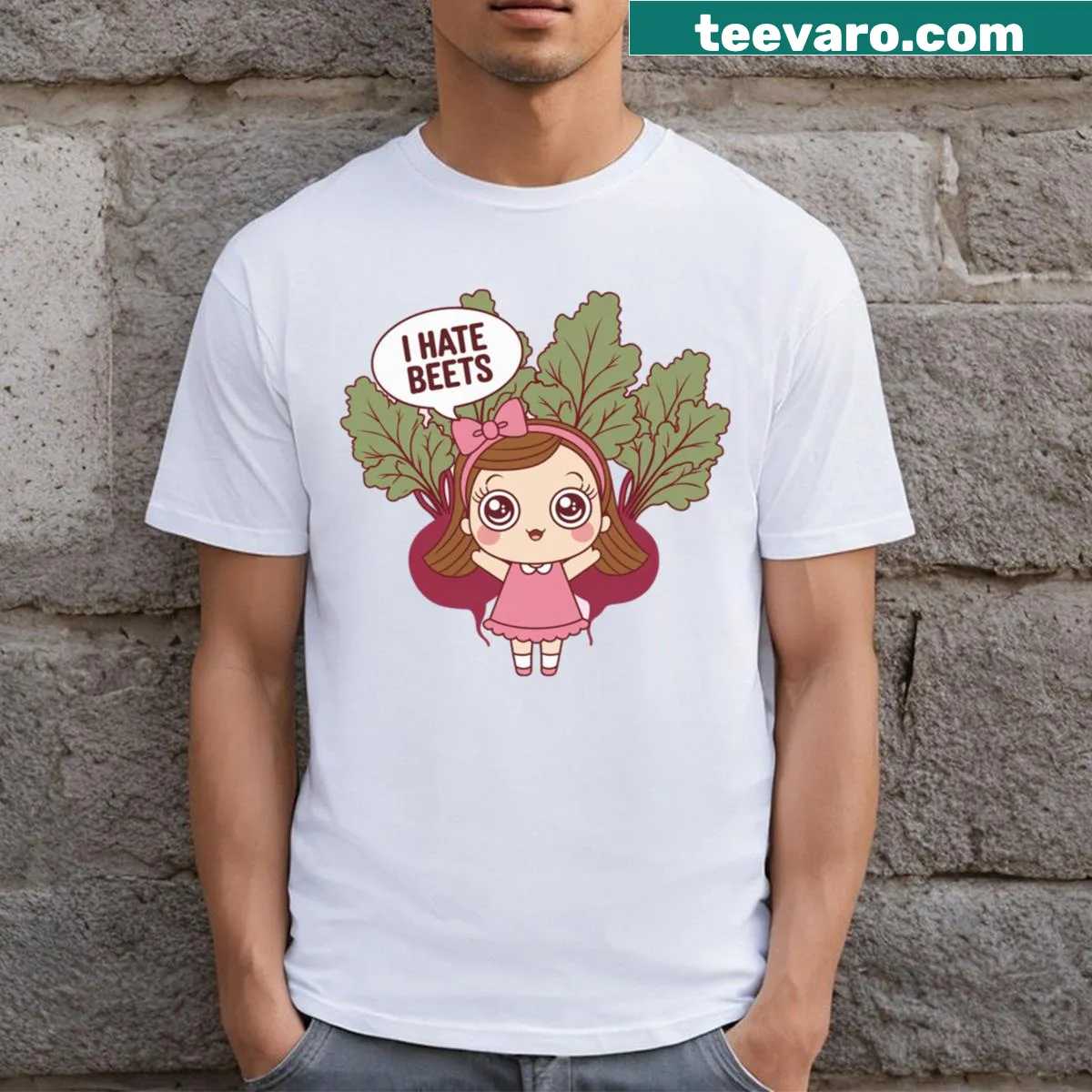 Cute cartoon t-shirt with beets and the phrase I Hate Beets!! — on a men's t-shirt