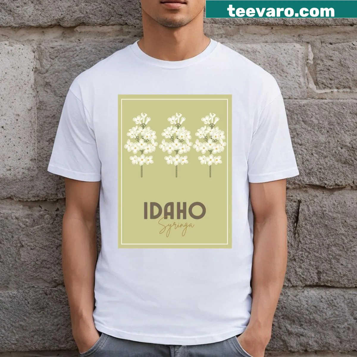 T-shirt featuring the Idaho state flower, the syringa, in an artistic design. — on a men's t-shirt