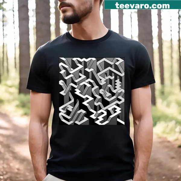 Black and white isometric maze design on a T-shirt