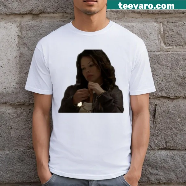 Illustrative t-shirt featuring Kate Austen from Lost in handcuffs