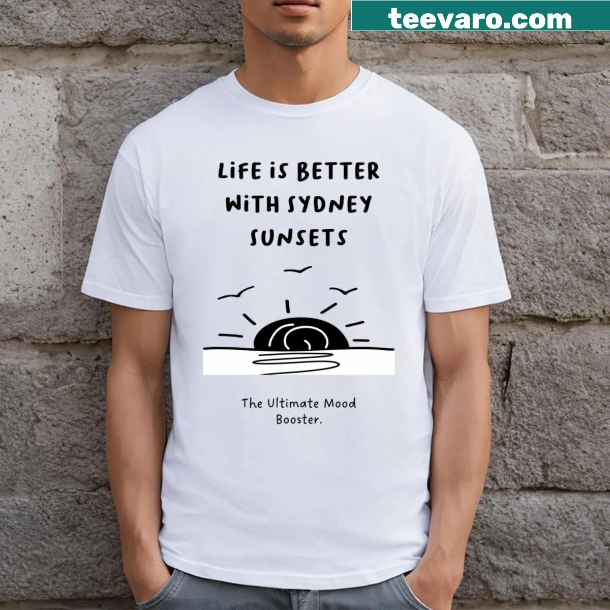 Illustration of Sydney sunset on a T-shirt with ocean view — on a men's t-shirt