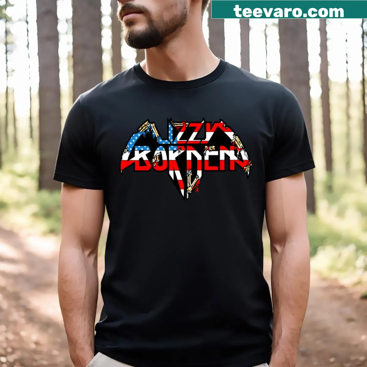 Illustrative Lizzy Borden t-shirt featuring vintage-style design — on a men's t-shirt