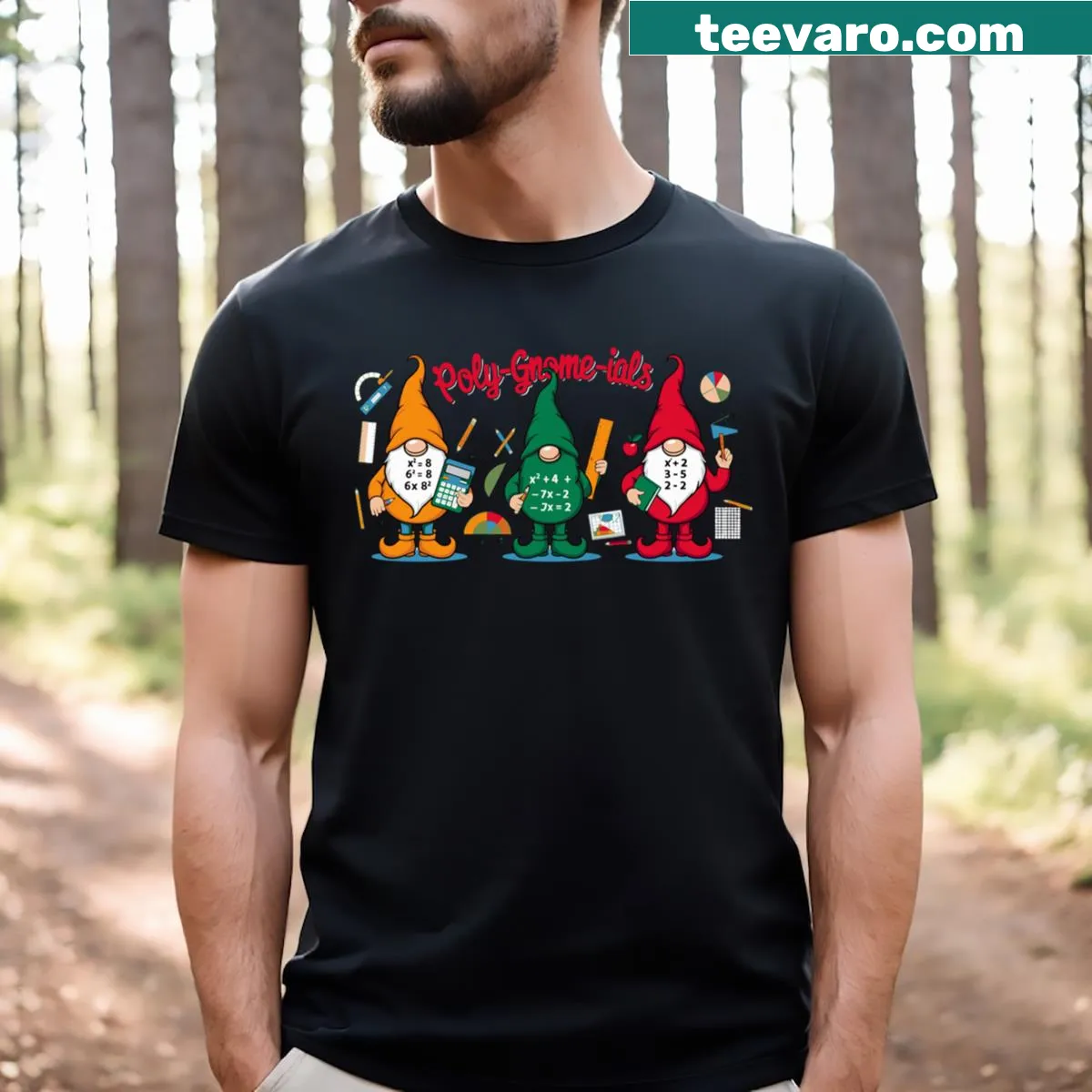 Cartoon gnome design T-shirt for math teachers with algebra theme — on a men's t-shirt