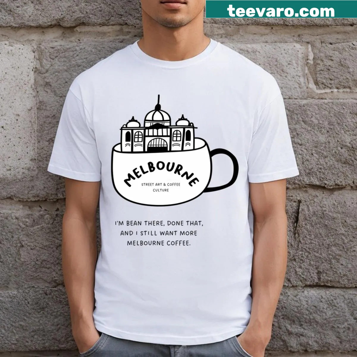 Illustrated T-shirt showcasing Melbourne's street art and coffee culture — on a men's t-shirt