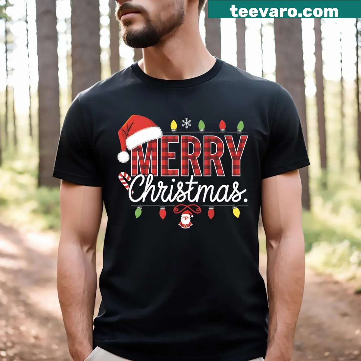 Vintage-styled Santa hat and lights graphic on a Christmas T-shirt — on a men's t-shirt