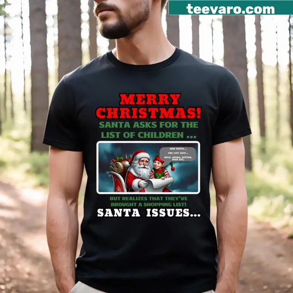 Funny Santa shopping list design on a Christmas T-shirt