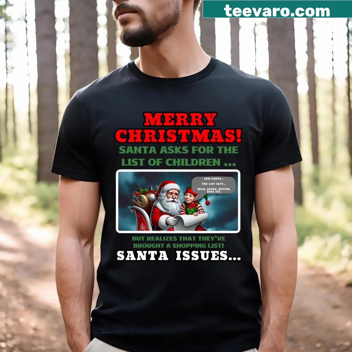 Funny Santa shopping list design on a Christmas T-shirt — on a men's t-shirt
