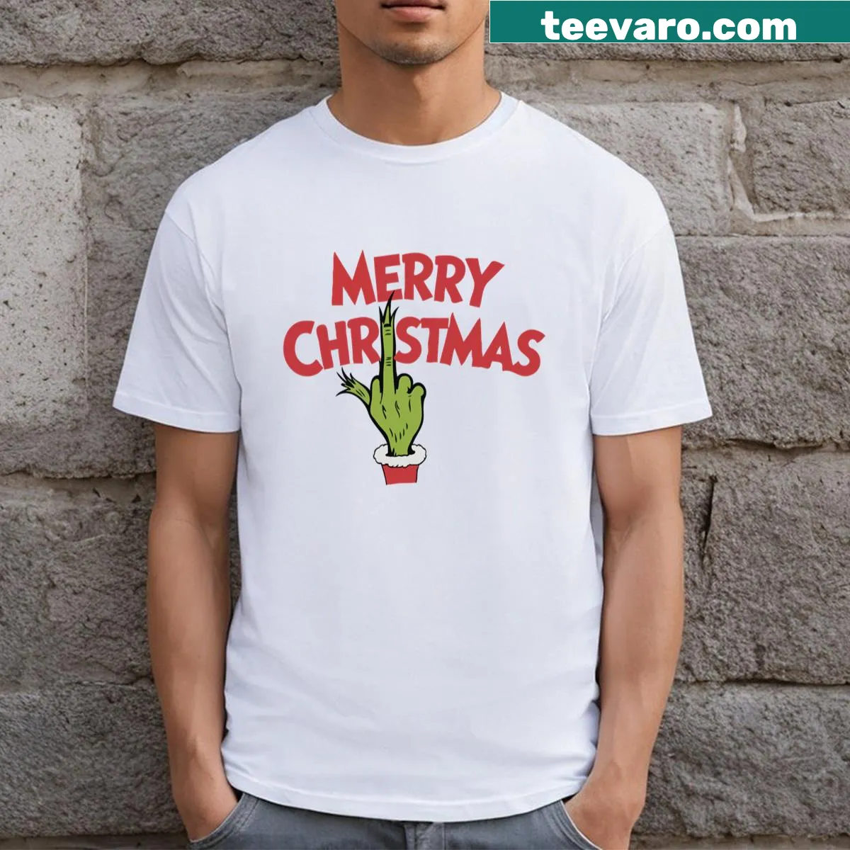 Edgy Merry Christmas T-shirt with a middle finger graphic — on a men's t-shirt