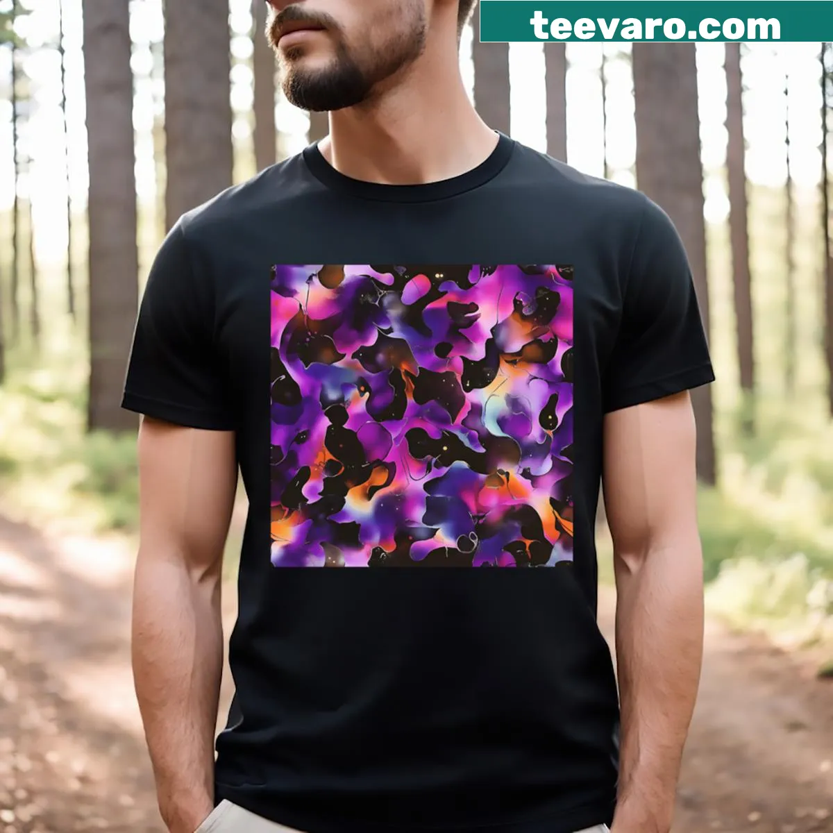 Artistic T-shirt with neon purple leaves alcohol ink pattern — on a men's t-shirt