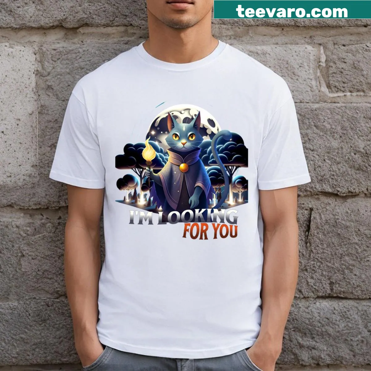 Mystical cat illustration on t-shirt for cat lovers — on a men's t-shirt