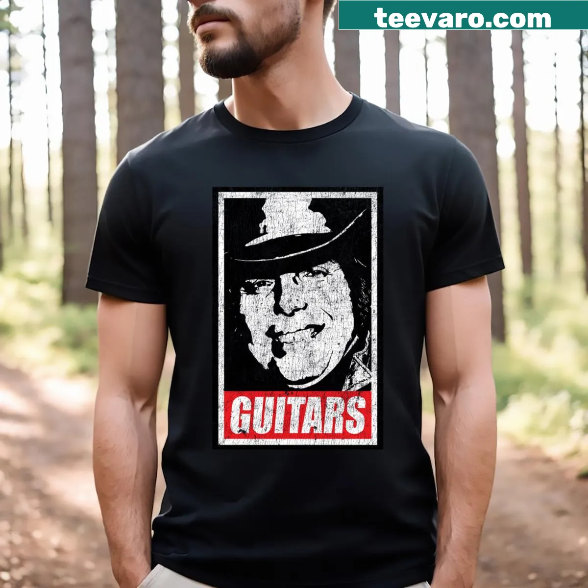 Obey Yoakam T-shirt featuring guitar illustrations — on a men's t-shirt