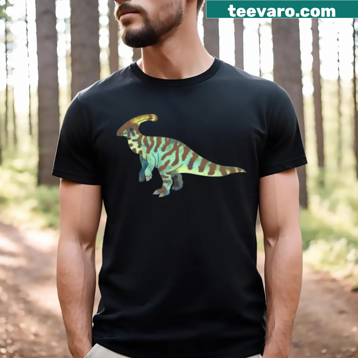 Cartoon Parasaurolophus dinosaur graphic t-shirt — on a men's t-shirt