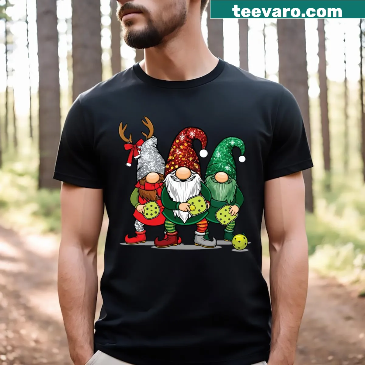 Cute cartoon gnomes playing pickleball for Christmas T-shirt — on a men's t-shirt