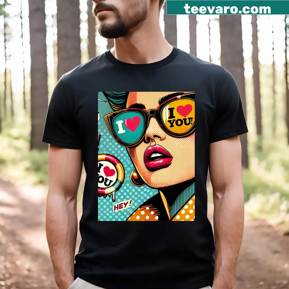 Pop art graphic T-shirt with geometric designs — on a men's t-shirt