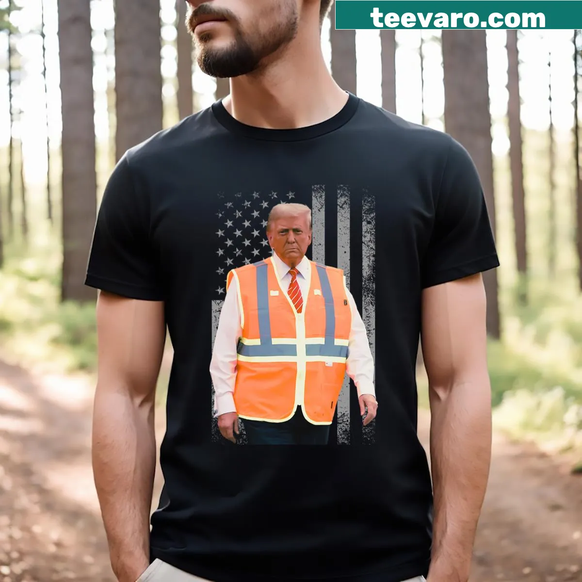 President Trump garbage truck graphic T-shirt with USA flag — on a men's t-shirt