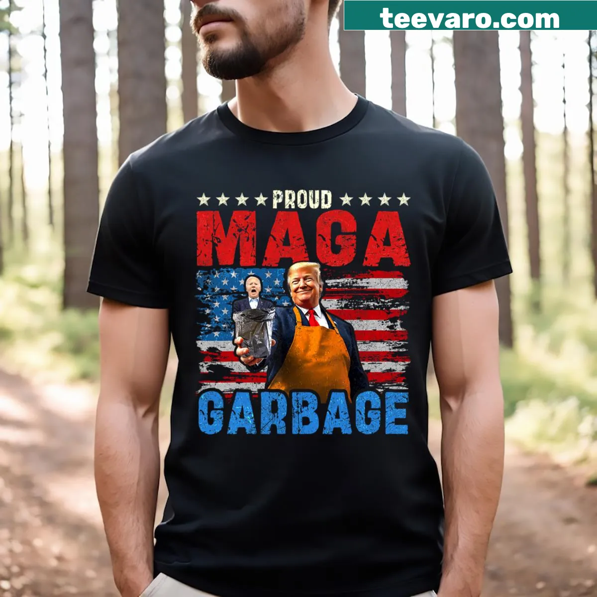 Graphic tee with Trump Vance 2024 slogan and illustrations — on a men's t-shirt