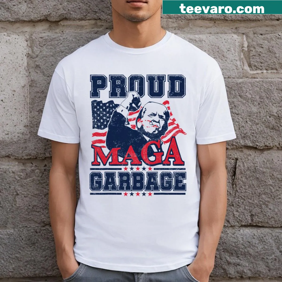 Fun graphic tee with Vote Trump 2024 slogan — on a men's t-shirt
