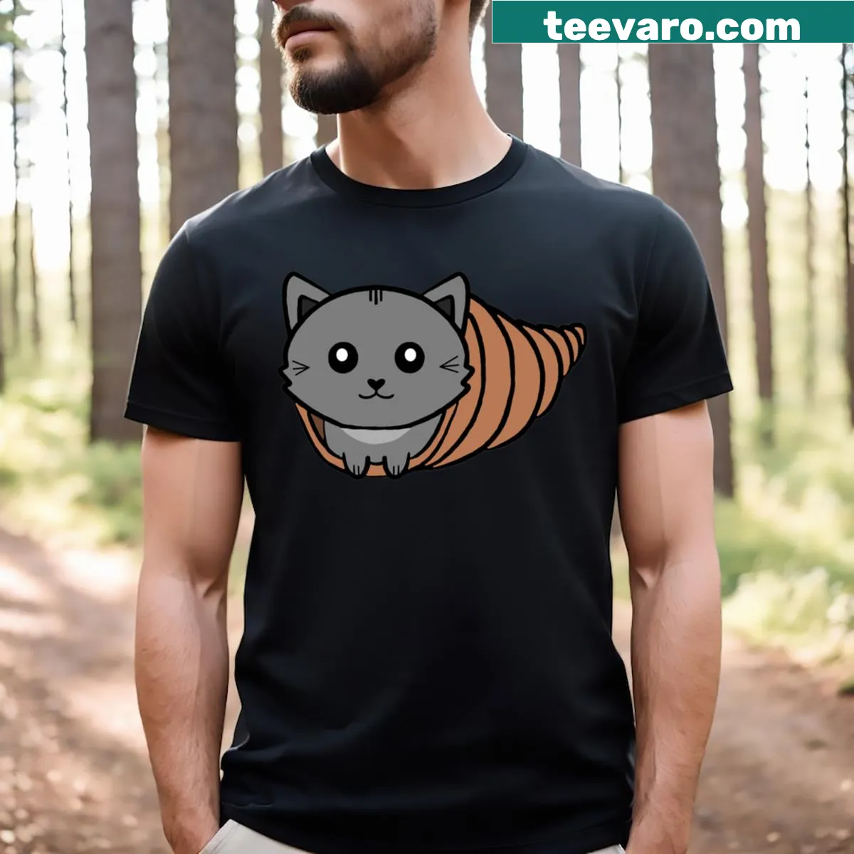 Illustrated T-shirt featuring a whimsical gathering of cats — on a men's t-shirt