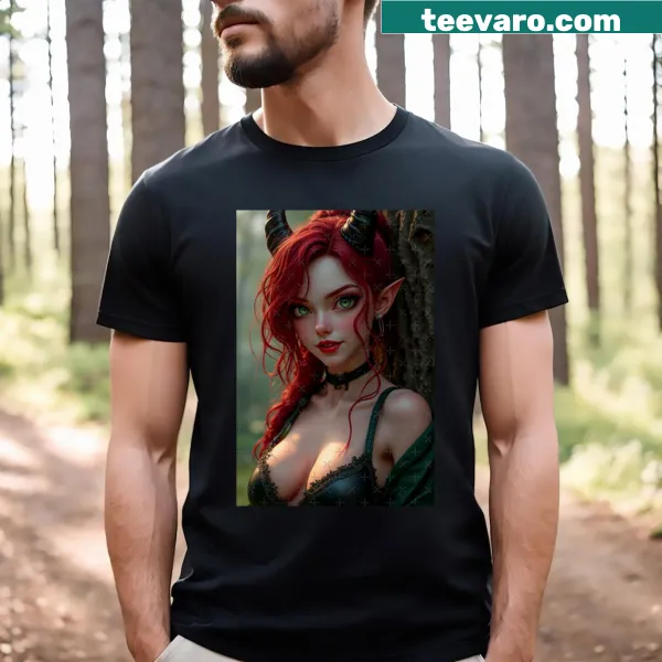 Cartoon graphic tee featuring a red-haired forest devil
