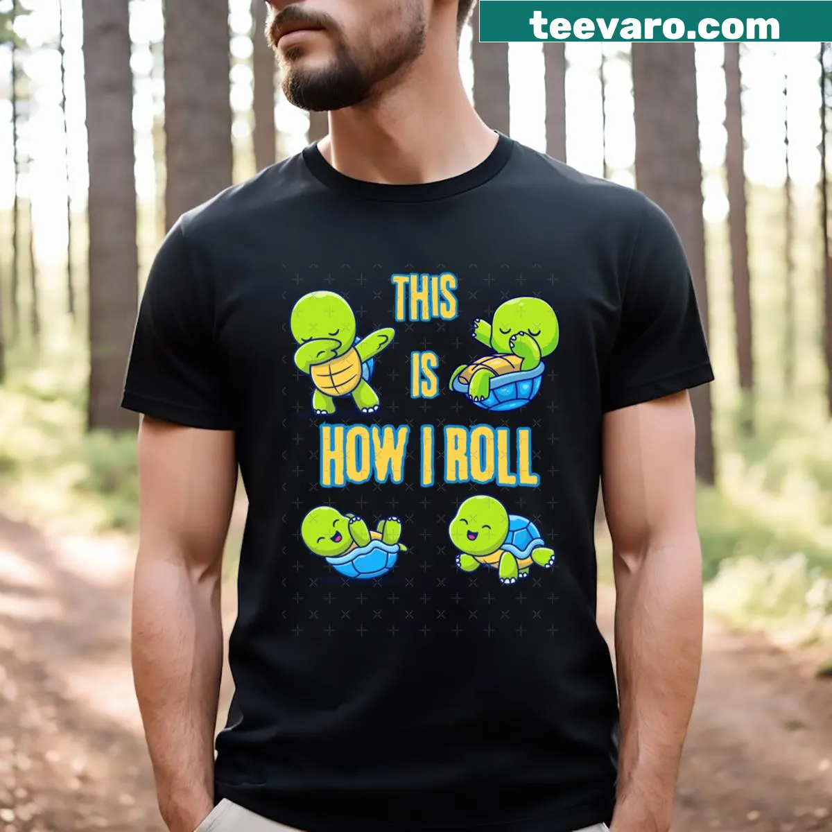 Cute sea turtle illustration with text 'This Is How I Roll' for kids — on a men's t-shirt