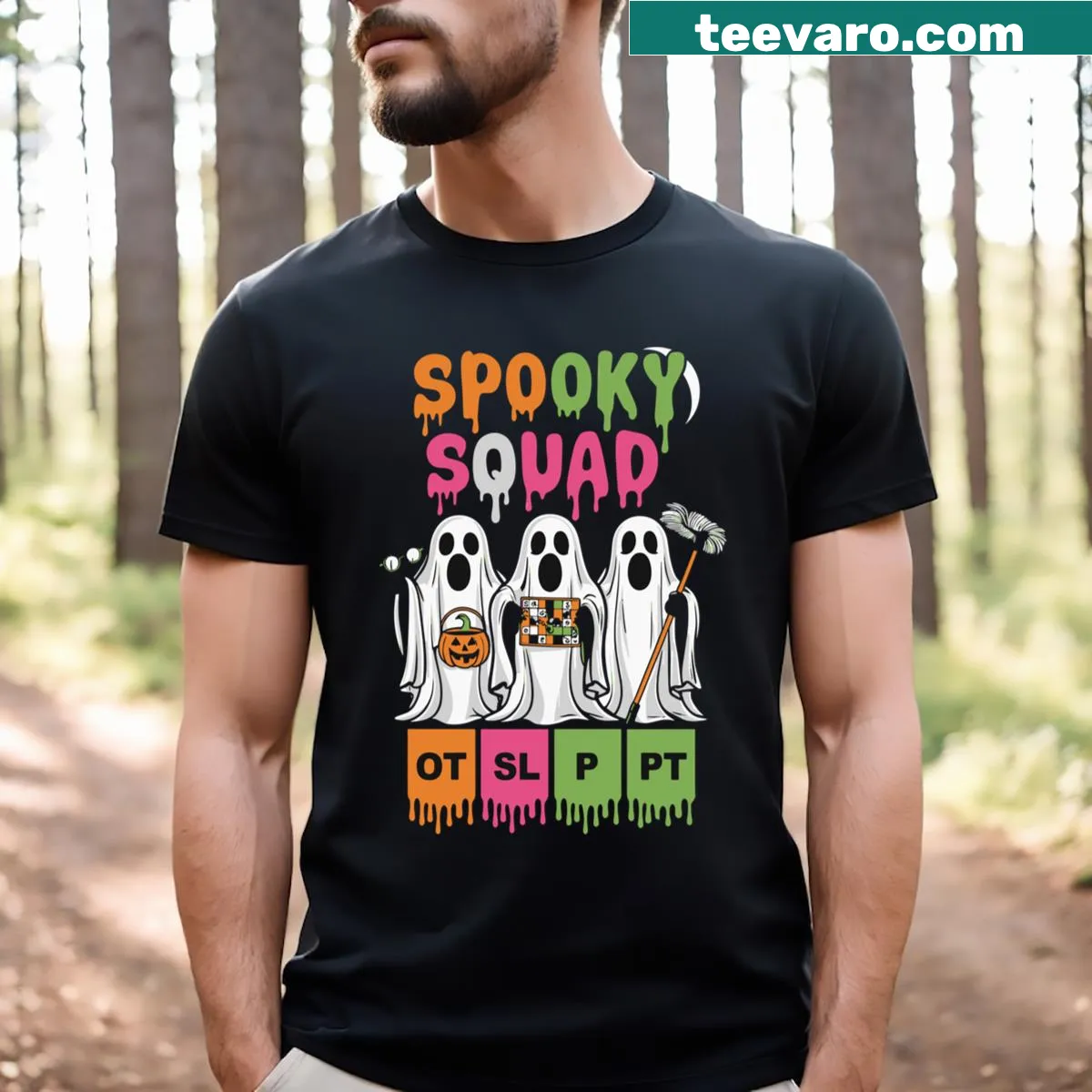 Funny Spooky Squad t-shirt featuring a playful ghost design — on a men's t-shirt