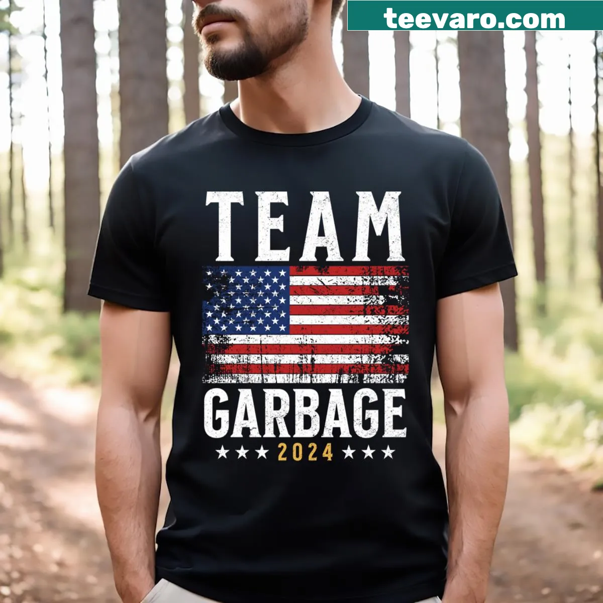 Sarcastic Trump 2024 T-shirt with US flag design — on a men's t-shirt