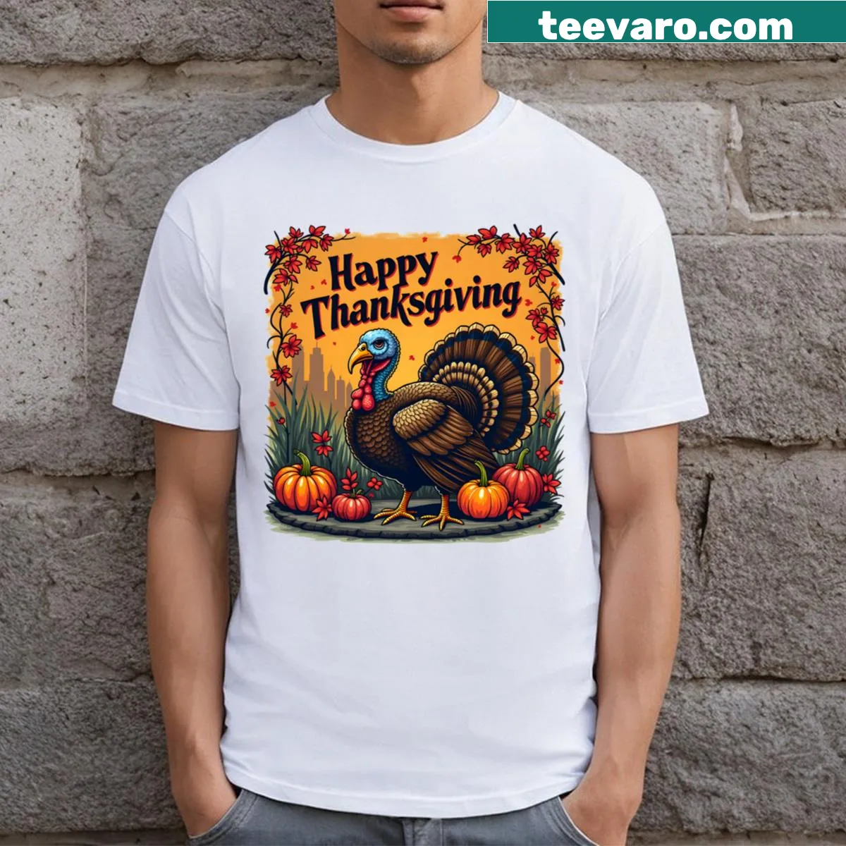 Festive T-shirt celebrating Thanksgiving spirit — on a men's t-shirt