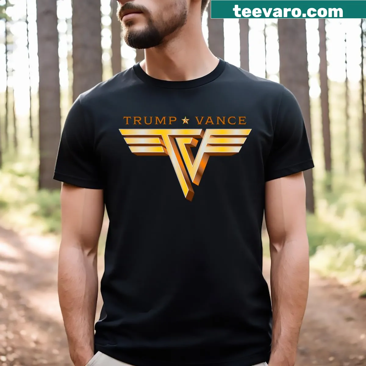 Vintage-style T-shirt with gold Trump Vance logo printed prominently. — on a men's t-shirt