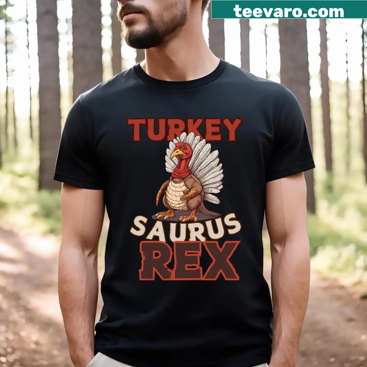 Toddler T-shirt with cartoon Turkeysaurus Rex dressed as a turkey. — on a men's t-shirt