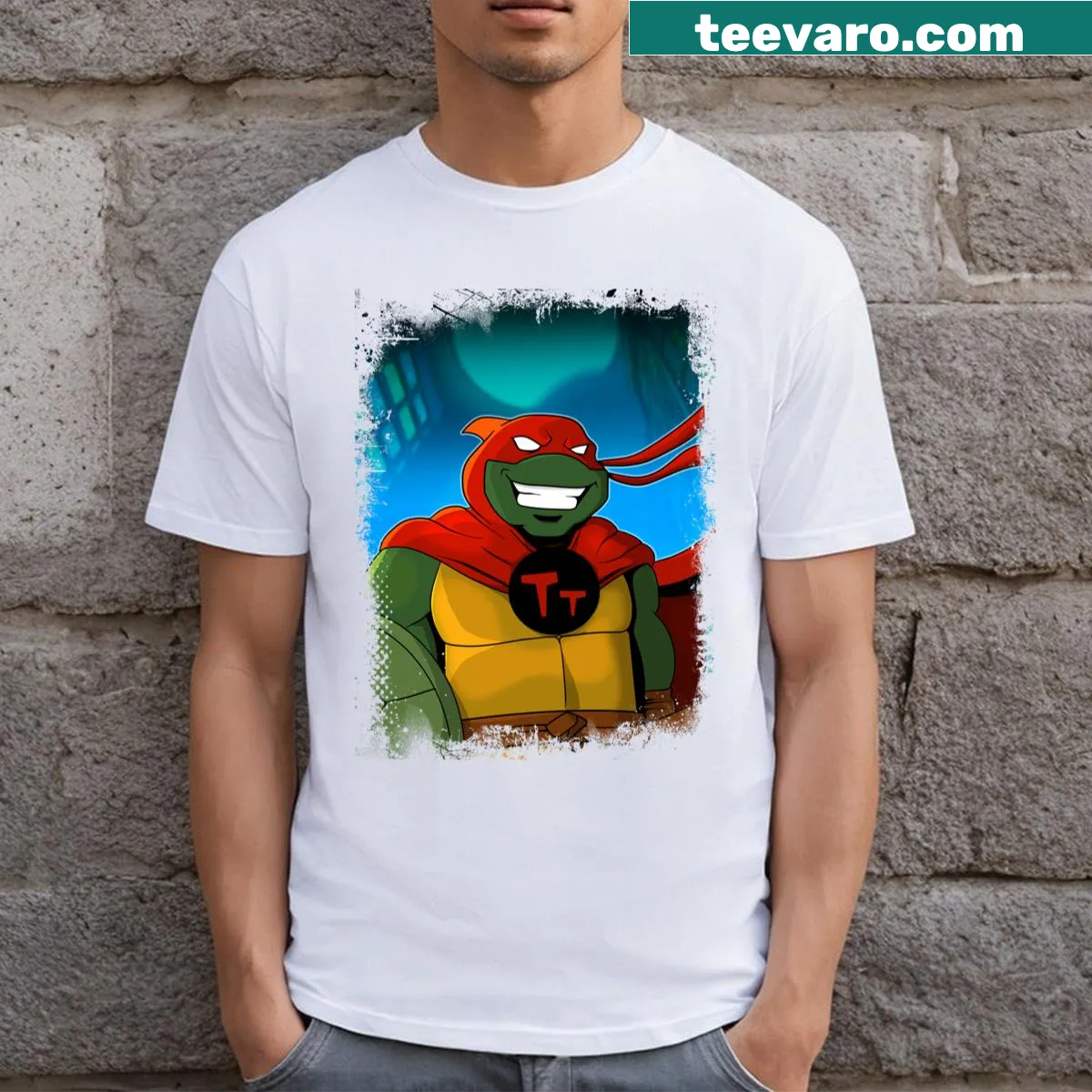 Illustrated T-shirt featuring a strong turtle graphic — on a men's t-shirt