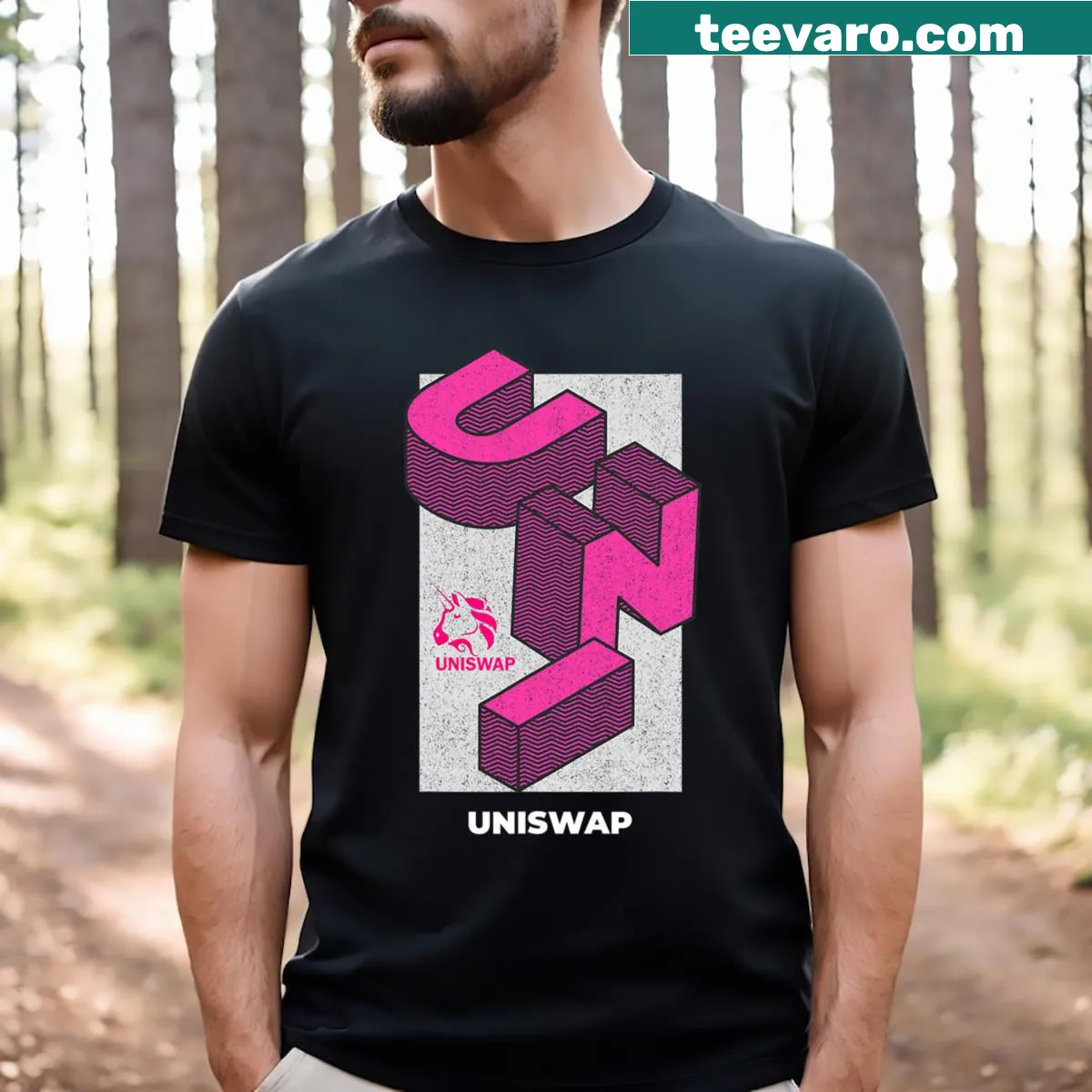 Cryptocurrency themed t-shirt with isometric Uniswap text design — on a men's t-shirt