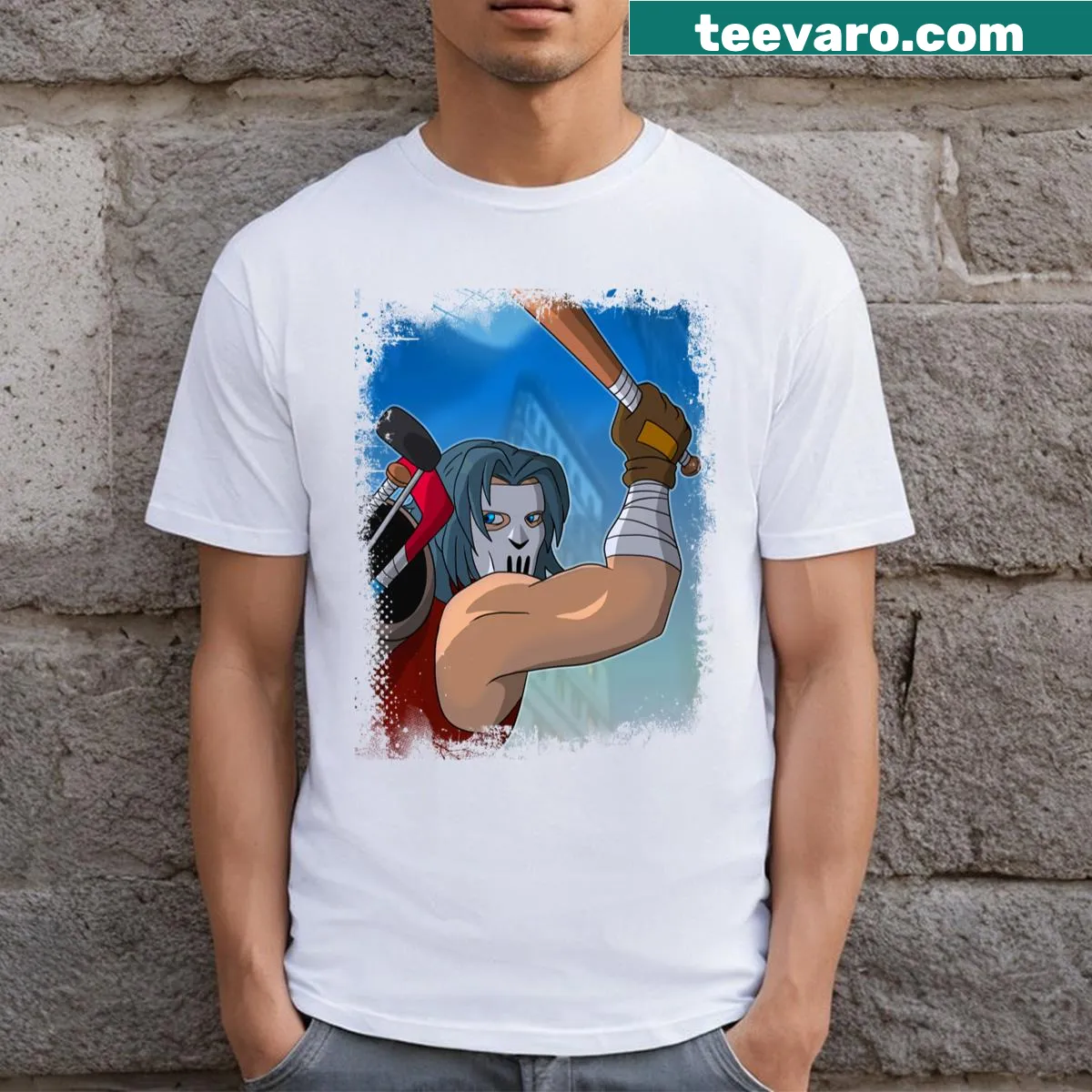 Distressed Vigilante Jones graphic t-shirt showcasing a rebellious character — on a men's t-shirt