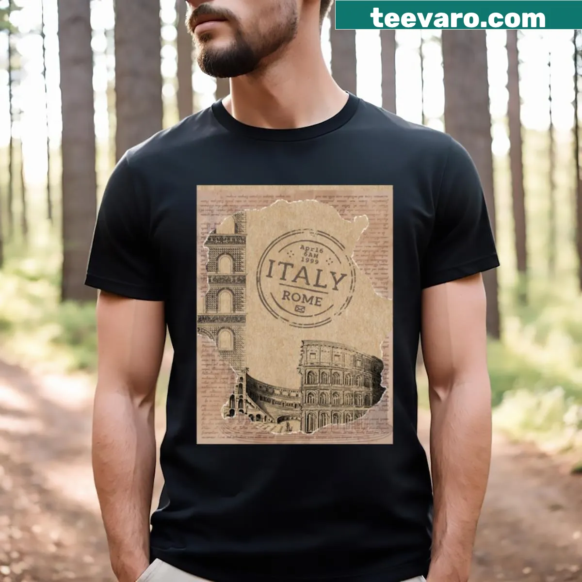 Vintage-style t-shirt with a collage of Rome's architectural stamps. — on a men's t-shirt