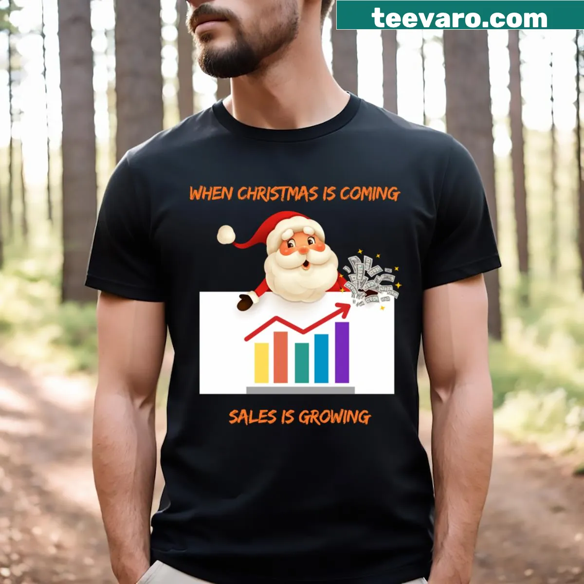 Playful Christmas sales graphic t-shirt — on a men's t-shirt