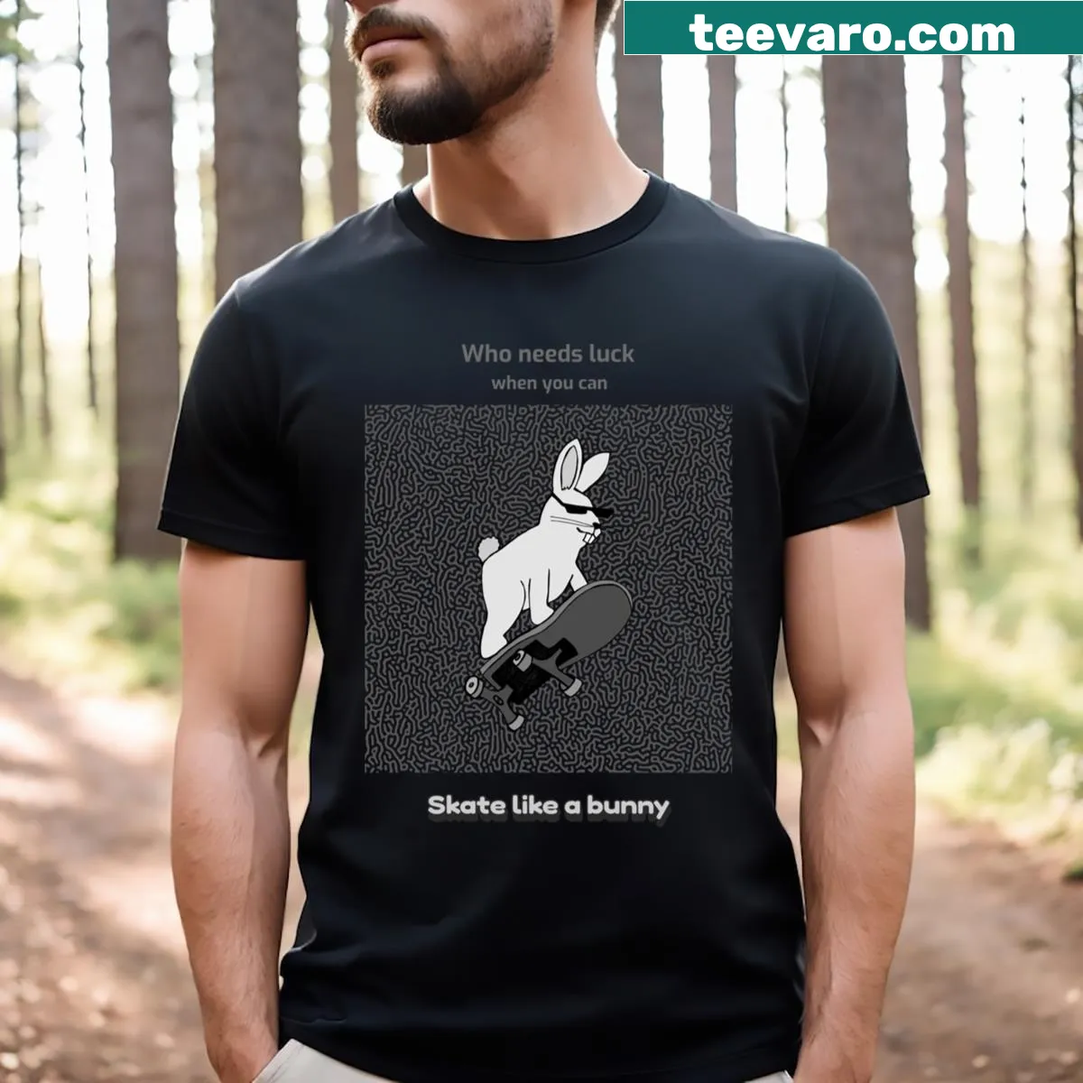 Playful graphic tee with text about skating and bunnies — on a men's t-shirt