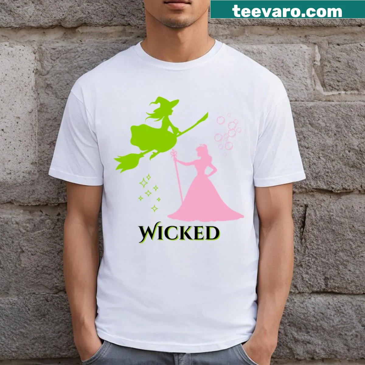 T-shirt featuring a whimsical green witch with sparkles and bubbles — on a men's t-shirt