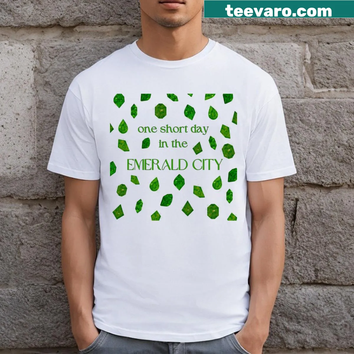 T-shirt celebrating 'One Short Day' and the Emerald City from Wicked — on a men's t-shirt