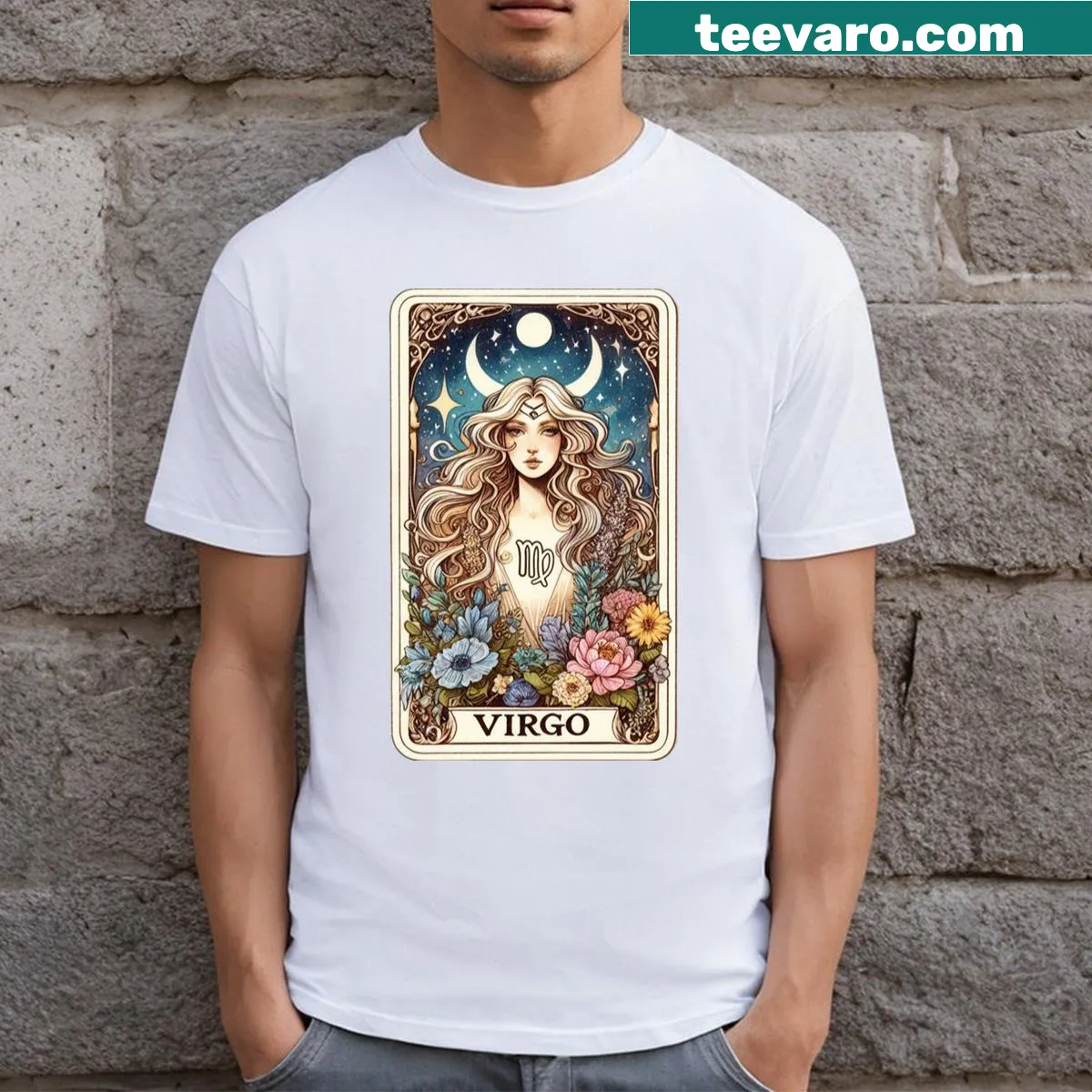 T-shirt featuring Virgo zodiac sign graphic — on a men's t-shirt