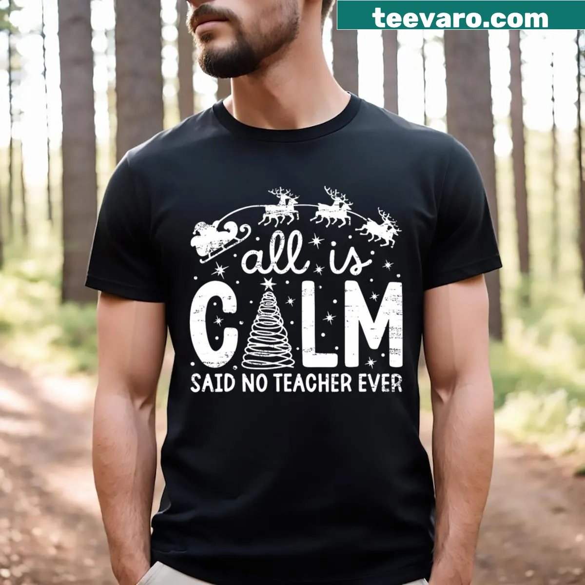 Funny Christmas teacher t-shirt with humorous text about holiday chaos — on a men's t-shirt
