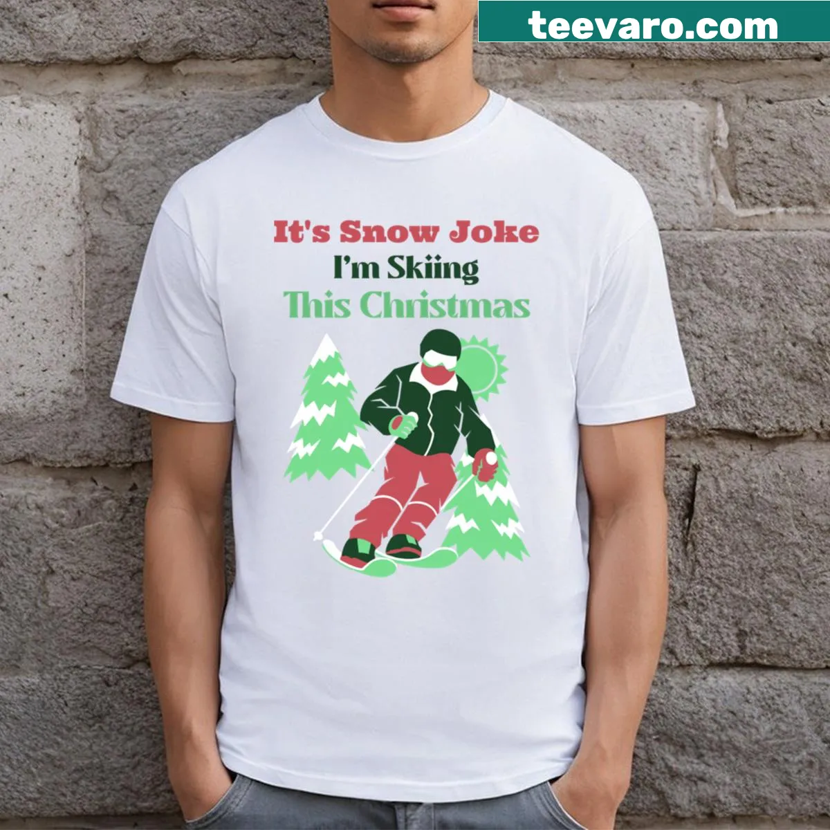 Witty skiing t-shirt with text about snow and skiing — on a men's t-shirt