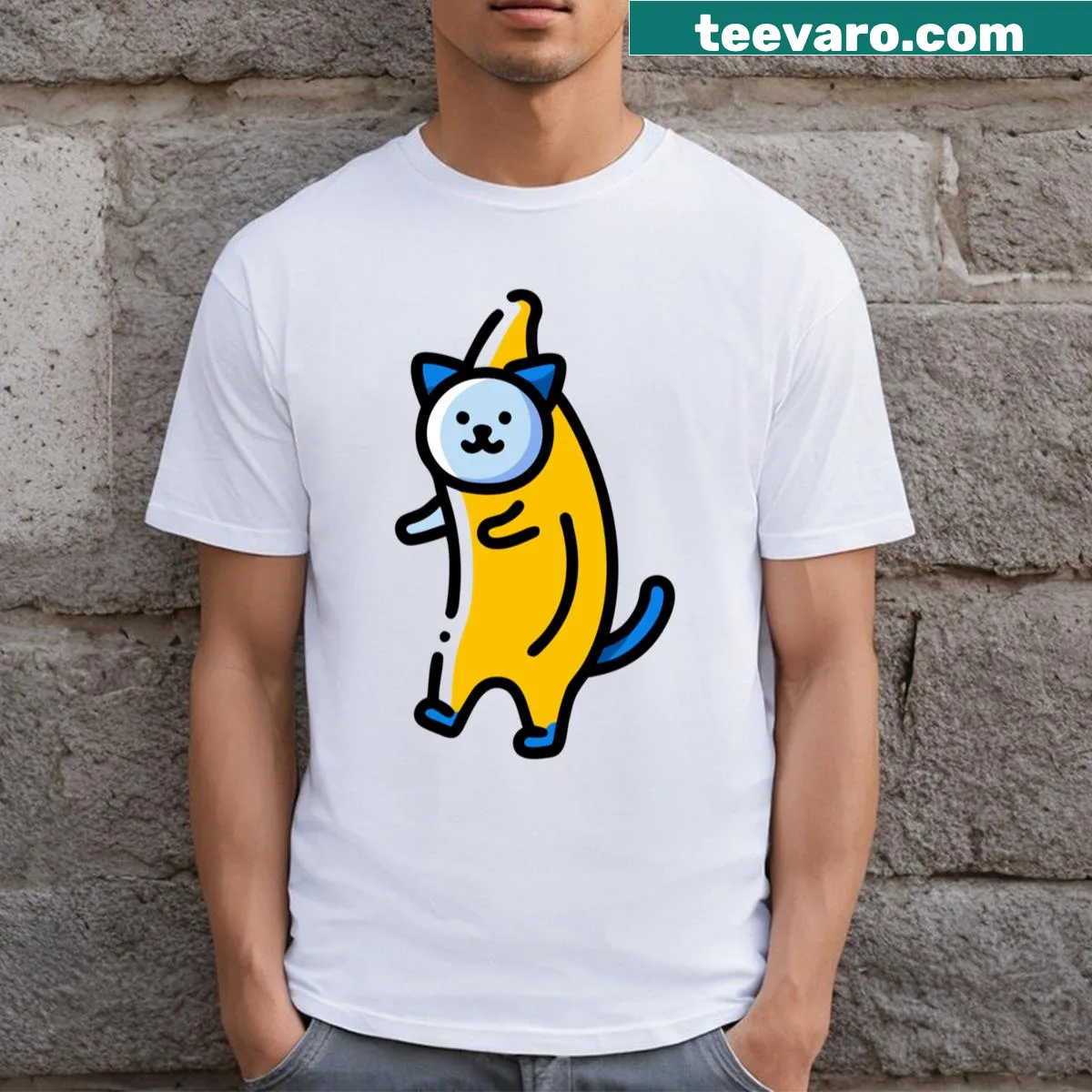 Stylized Banana Cat meme t-shirt with humorous graphic — on a men's t-shirt