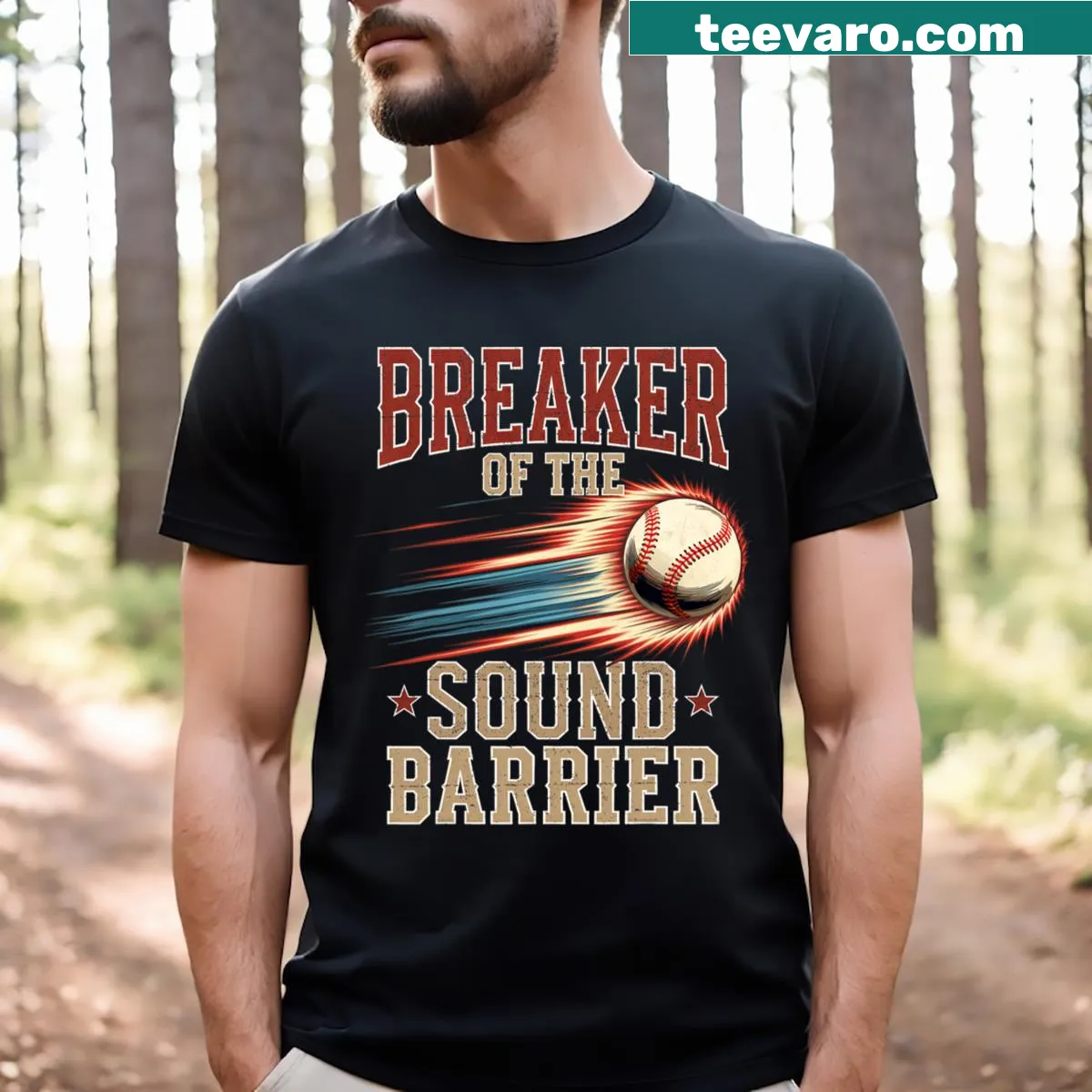 Funny baseball pitcher t-shirt with sound barrier theme — on a men's t-shirt