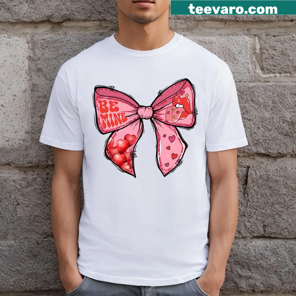 Valentine's Day t-shirt featuring 'Be Mine' and illustrated lips — on a men's t-shirt