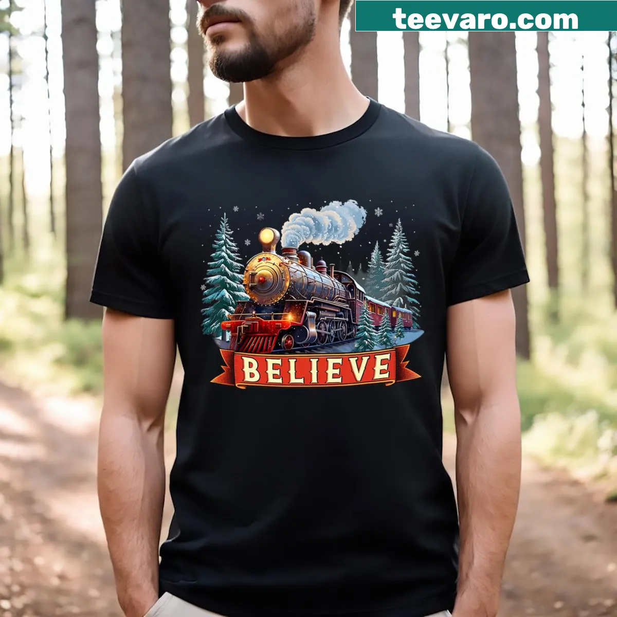 Polar Express-inspired Christmas t-shirt with 'Believe' text — on a men's t-shirt