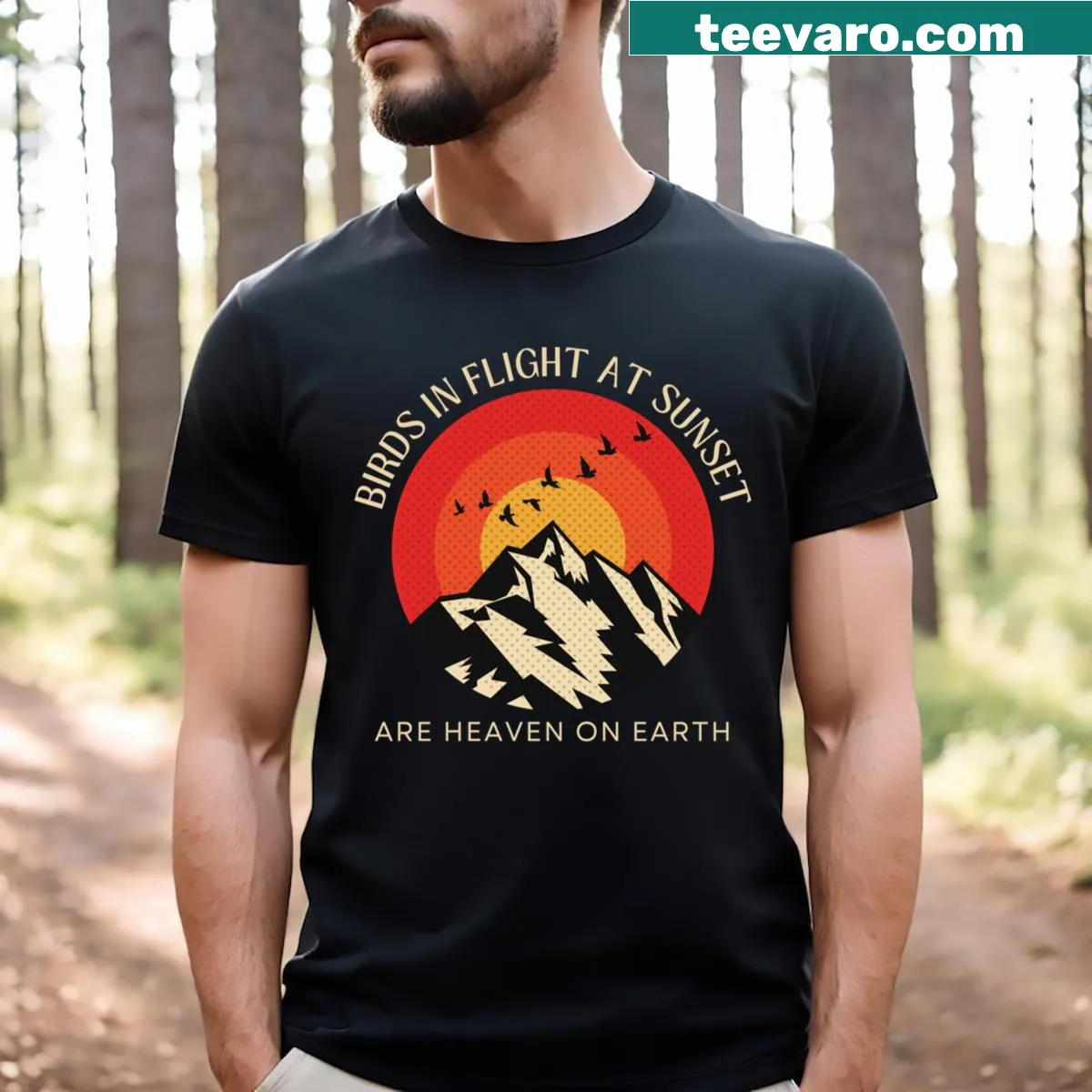 T-shirt showcasing birds in flight against a sunset backdrop — on a men's t-shirt