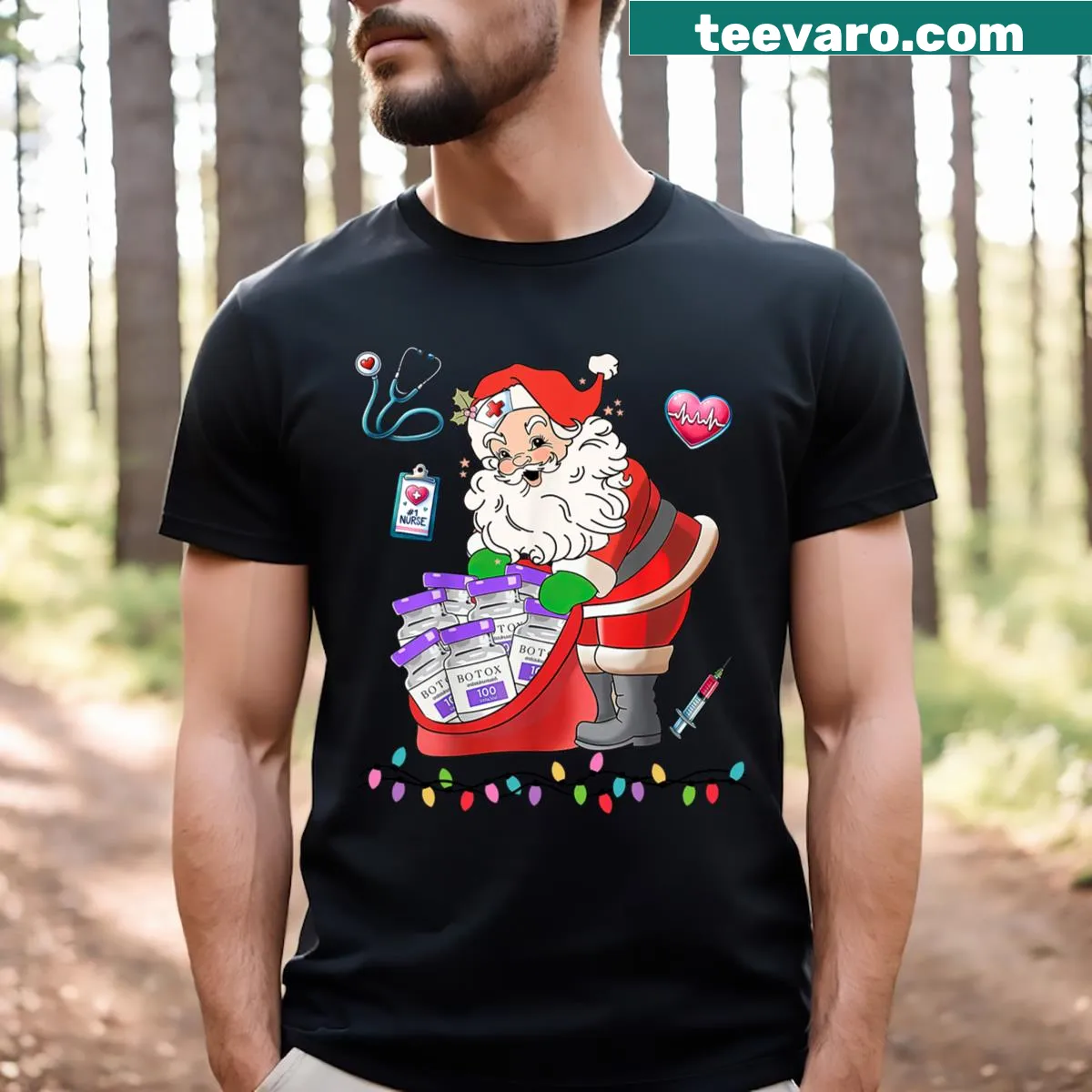 Christmas-themed T-shirt for Botox nurses featuring Santa with a syringe — on a men's t-shirt