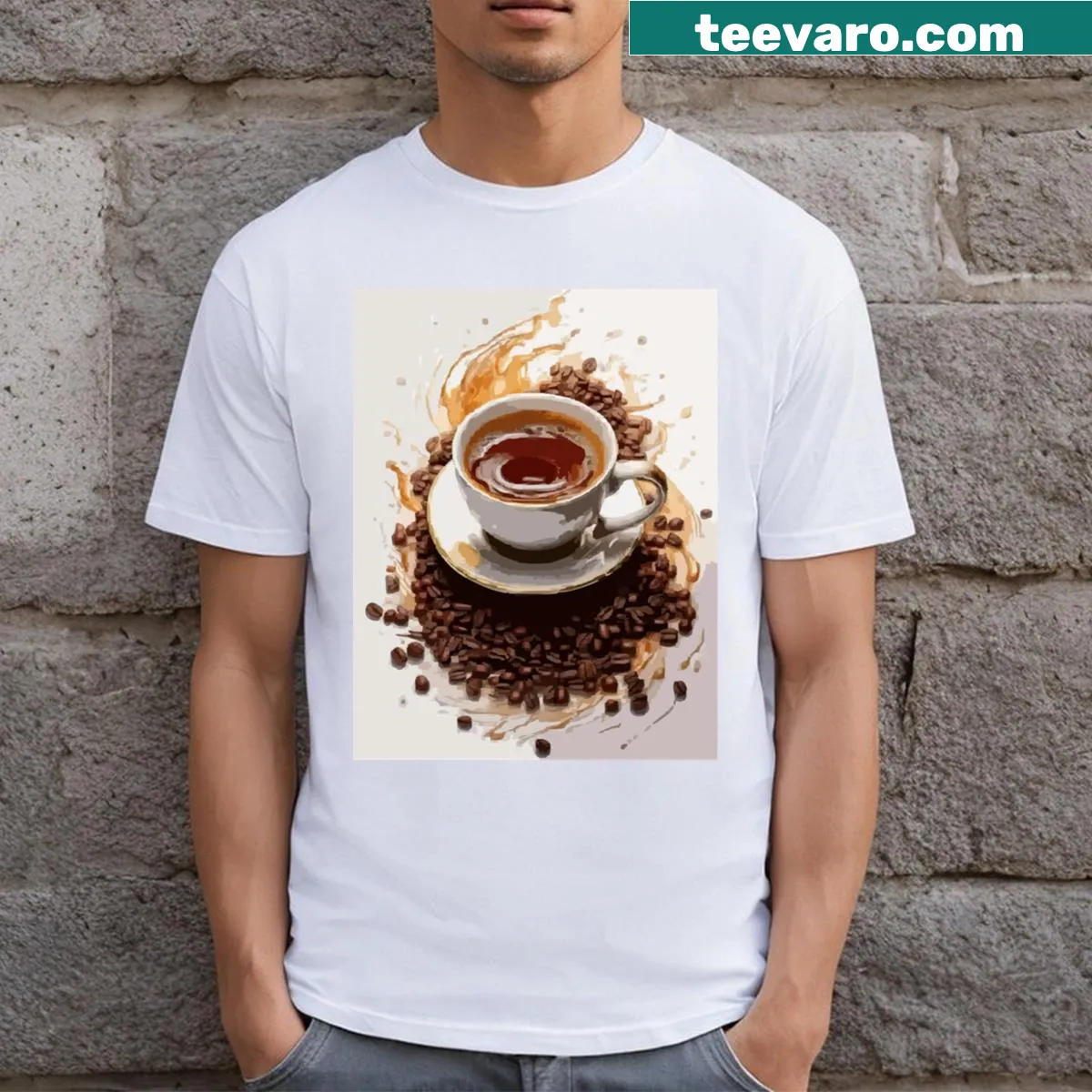 Playful T-shirt celebrating National Espresso Day with 'Brewed Perfection'. — on a men's t-shirt