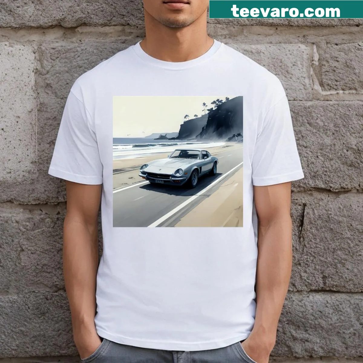 T-shirt showing a car driving along the sea with scenic illustration — on a men's t-shirt